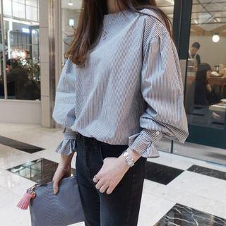 Puff Sleeve Striped Blouse Light Gray - One Size