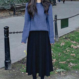 Set: Crew Neck Ribbed Sweater + Midi Knit A-line Skirt