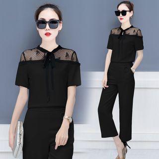 Set: Lace Panel Short-sleeve Top + Cropped Wide Leg Pants