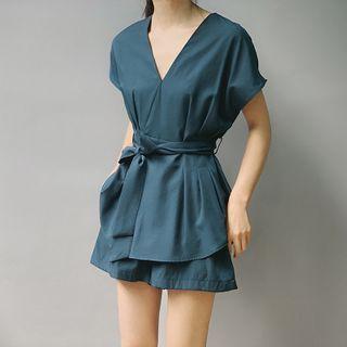 Set: Tie-waist Short-sleeve Blouse + Shorts