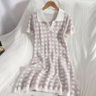 Short-sleeve Collared Plaid Knit Dress Plaid - Green & Pink - One Size