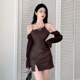 Off Shoulder Faux Leather Skinny Split Mini Dress