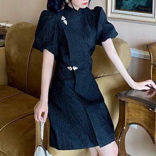 Puff-sleeve Plain Mini Qipao Dress