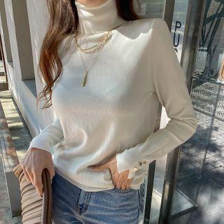 Button-cuff Turtleneck Knit Top
