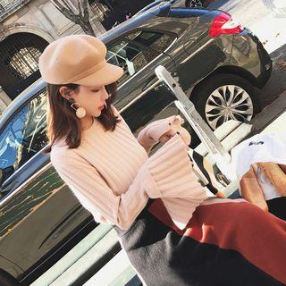 Set: Rib Knit Sweater + Color Block Midi A-line Skirt