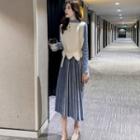 Set: Irregular Hem Knit Vest + Long-sleeve Midi Dress