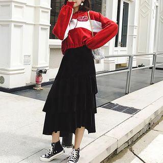 Set: Printed Hoodie + Pleuche Midi Layered Skirt