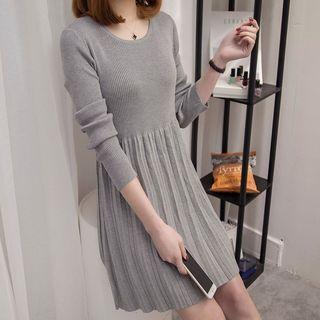 Long-sleeve Pleated Panel Mini A-line Knit Dress