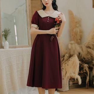 Short-sleeve Polo-neck Midi A-line Dress
