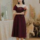 Short-sleeve Polo-neck Midi A-line Dress