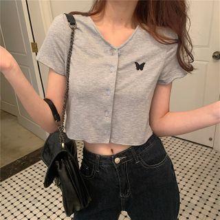 Short-sleeve Butterfly Embroidered Cropped Top