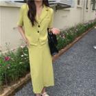 Set: Short-sleeve Single-breasted Blazer + Midi Pencil Skirt