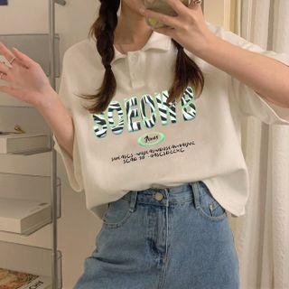 Elbow-sleeve Collar Lettering T-shirt