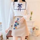 Long-sleeve Lace Trim Knit Top / Fitted Embroidered Mini Skirt / Set