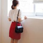 Square-neck Elbow-sleeve Eyelet-lace Top