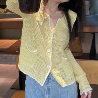 Collared Waffle Knit Cardigan Top - Lemon Yellow - One Size