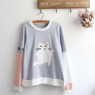 Cat Embroidered Color-block Sleeve Sweater As Shown In Figure - One Size
