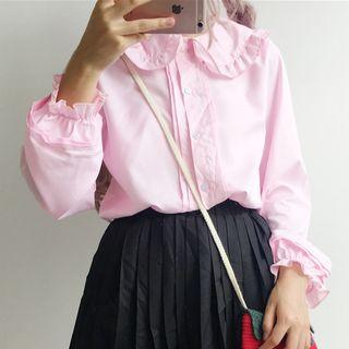 Frill Trim Long-sleeve Shirt / Plaid A-line Skirt