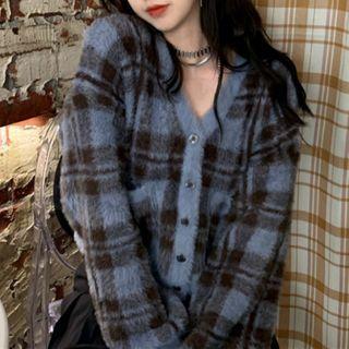 Plaid Cardigan Plaid - Blue & Black - One Size