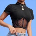 Short-sleeve Mock-neck Mesh Panel Crop Top