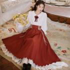 Lace Panel Blouse / Lace-up Midi A-line Skirt / Set