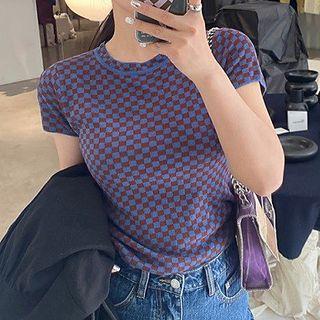 Short-sleeve Checker Print Knit Top