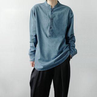 Stand-collar Half-button Denim Shirt