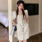 Puff-sleeve Square-neck Single-breasted Dress