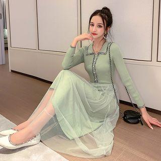 Polo-neck Long-sleeve Midi A-line Mesh Dress