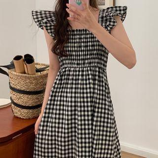Cap-sleeve Ruffled Gingham Midi A-line Dress