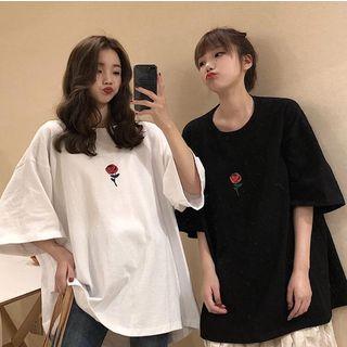 Elbow-sleeve Rose Printed T-shirt