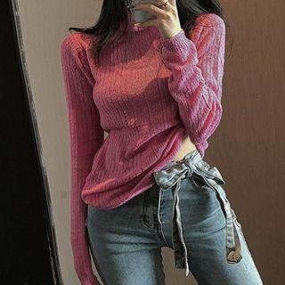 Long-sleeve Turtleneck Plain Knit Top