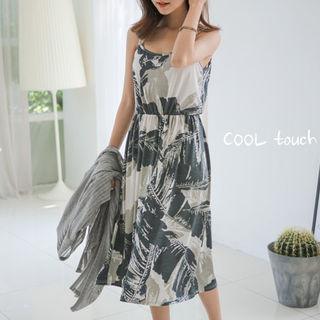 Spaghetti-strap Gathered-waist Foliage Midi Dress