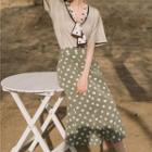 Set: Elbow-sleeve Tie-neck T-shirt + Dotted Midi A-line Skirt