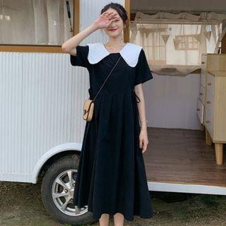 Short-sleeve Wide Collar A-line Midi Dress