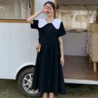 Short-sleeve Wide Collar A-line Midi Dress