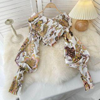 V-neck Print Lantern-sleeve Cropped Top