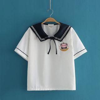 Sailor Collar Cartoon Print Embroidered Oversized Short Sleeve Top