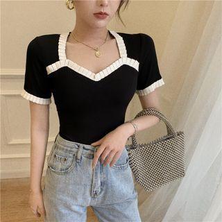 Short-sleeve Ruffle Trim T-shirt Black - One Size