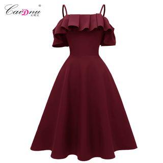 Cold-shoulder Ruffled Midi Prom Dress
