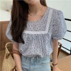 Puff-sleeve Floral Print Blouse Floral - White & Blue - One Size