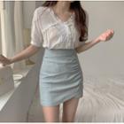Short Sleeve Plain T-shirt / Short Sleeve Lace Trim Blouse / Mini Fitted Skirt