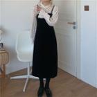 Bell-sleeve Polka Dot Blouse / Plain Overall Dress