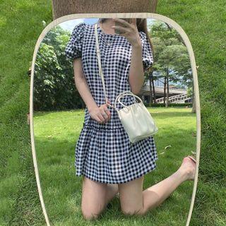 Puff-sleeve Gingham A-line Dress Plaid - Black & White - One Size