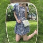 Puff-sleeve Gingham A-line Dress Plaid - Black & White - One Size