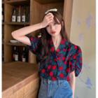 Puff-sleeve Double-breasted Floral Print Shirt