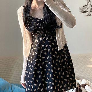 Spaghetti-strap Bear Print Mini A-line Dress / Cardigan