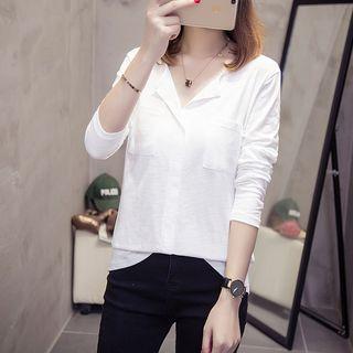 Plain Long Sleeve Split Neck T-shirt
