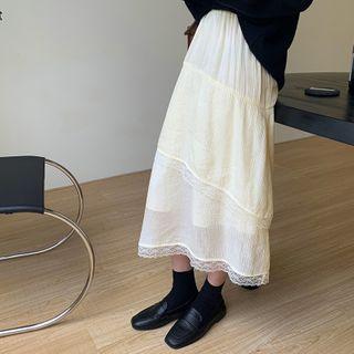 Lace Trim Midi A-line Skirt Almond - One Size