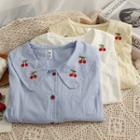 Cherry-embroidered Puff-sleeve Loose Shirt